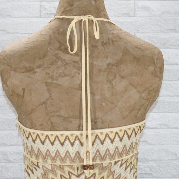 ANN TAYLOR LOFT Dress Halter Chevron Netutral Tan Yellow Midi Boho Feminine 4 - Picture 4 of 14